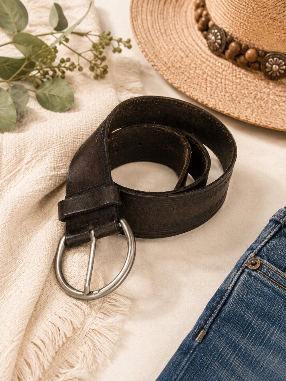 Embossed Genuine Leather Belt Brown Floral Western Boho Size Medium